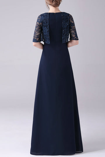Navy korte ermer A-line Chiffon gulvlengde mor til bruden kjole